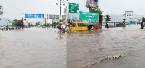 राजस्थान-अजमेर में बारिश से सड़क पर आया आनासागर झील का पानी