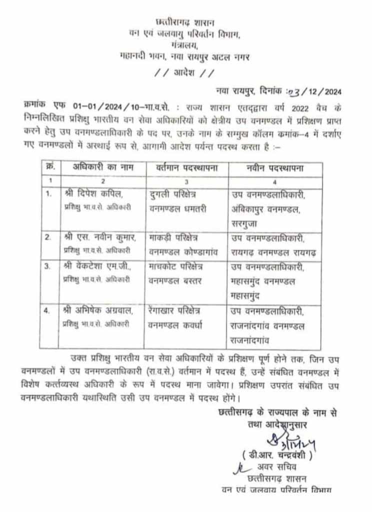 ट्रेनी IFS अधिकारियों को वनमण्डलों में उप-वनमण्डलाधिकारी के पद पर किया नियुक्त